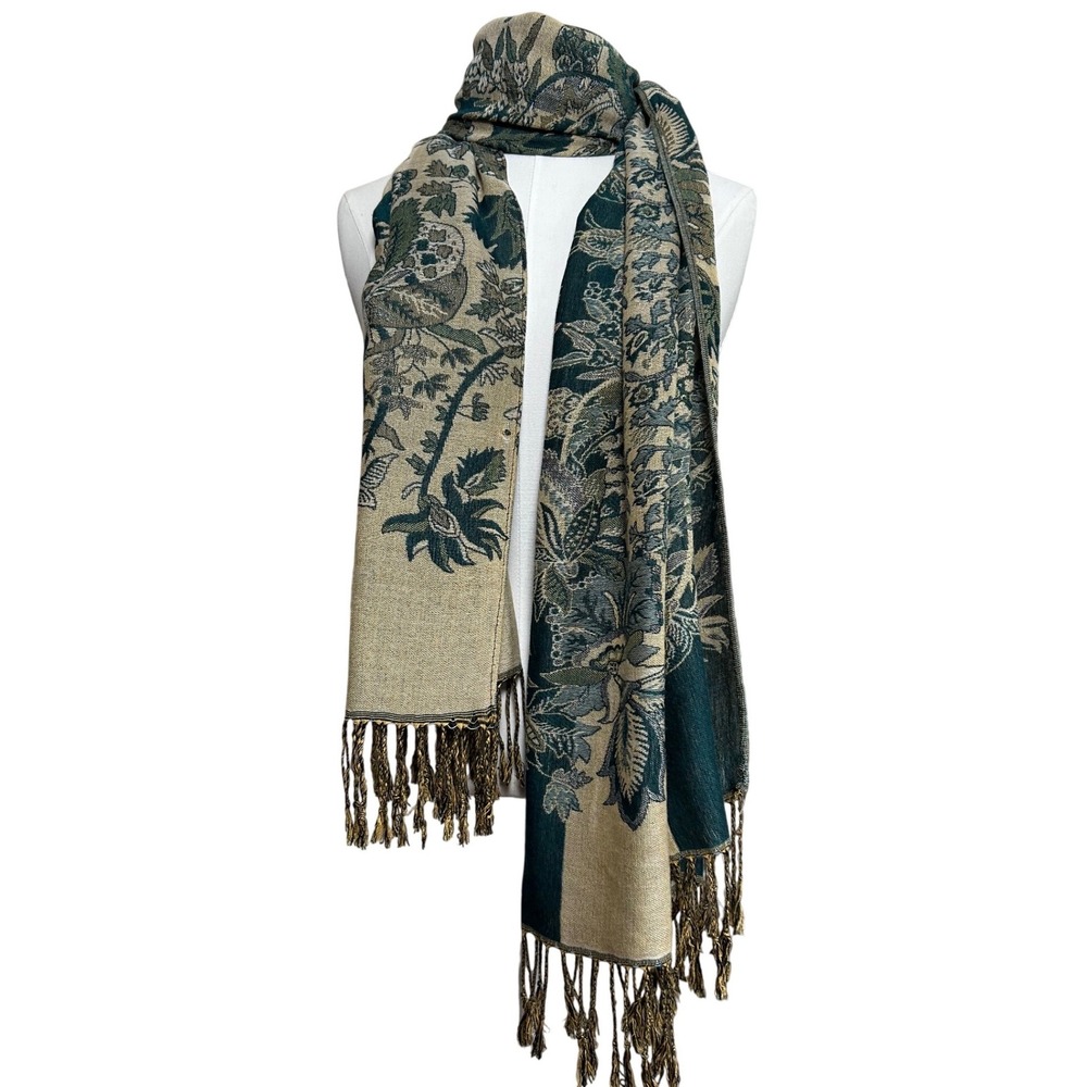 Elegant Floral Fringe Scarf Wrap in Teal and Beige